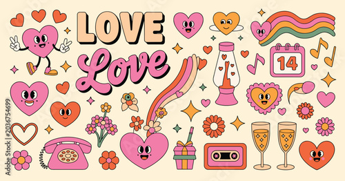 Retro 1970s style cartoon hearts and love symbols with groovy rainbow and lava lamp