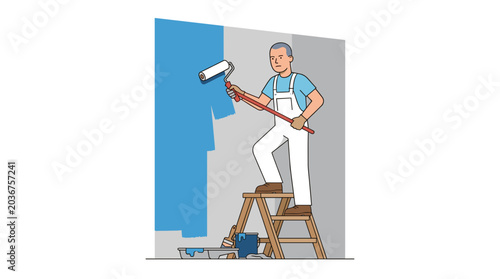 Professional painter standing on a stepladder and painting a wall with a roller