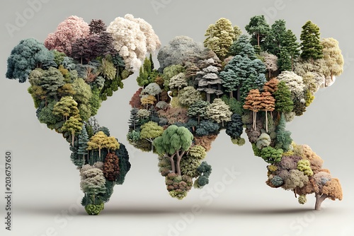 A stylized 3D rendering of the world map composed of diverse trees, representing ecological and environmental themes.