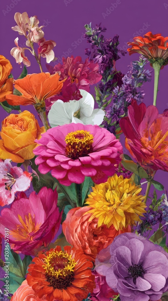 Obraz premium Vibrant floral bouquet against purple.