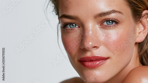 Woman's confident gaze showcasing healthy, glowing skin with natural makeup, highlighting skincare, beauty, and wellness concepts on a bright background