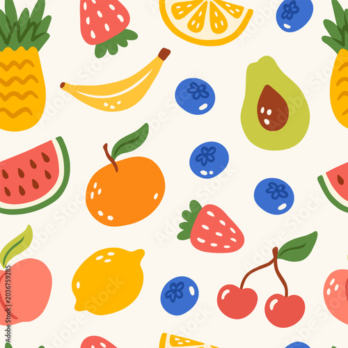 Summer colorful seamless pattern with hand drawn fruits and berries. Tropical cute print with of strawberry, watermelon, blueberry, orange, pineapple, cherry, peach, lemon. Vector illustration.