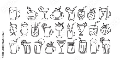 Photos Large set of cocktail and beverage line art icons showing diverse glassware and garnish styles for social events