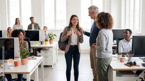Smiling young woman with a backpack arriving at a modern bright office being warmly greeted by her diverse colleagues, corporate business team, welcoming workplace, new job beginning.