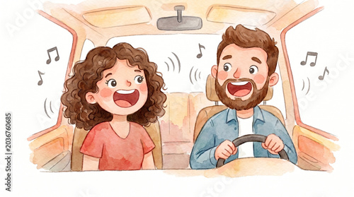 Young couple singing happily in car while driving with music  