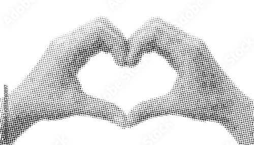 Dotted halftone heart formed by two hands, black and white retro pop art style. Love, care, unity symbol. Vintage collage element isolated on transparent background. Vector for design, posters, comics