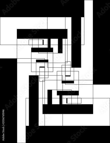 Tablou pe pânză Black and white geometric abstract art, Bauhaus inspired composition, bold rectangles and lines, minimalist wall decor digital artwork