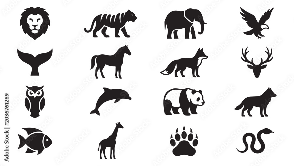 Fototapeta premium Wildlife animals nature vector silhouette icon pack featuring lion tiger elephant eagle deer wolf bear fish dolphin giraffe snake