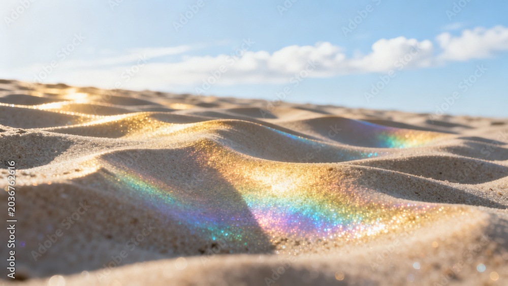Fototapeta premium Sand with rainbow sparkles under blue sky