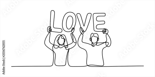 Fotografija Two people holding up the word love in a single line drawing style