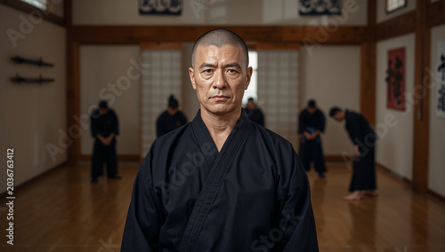 Obraz na płótnie 道場で静かに正面を見つめる黒い稽古着の日本人男性