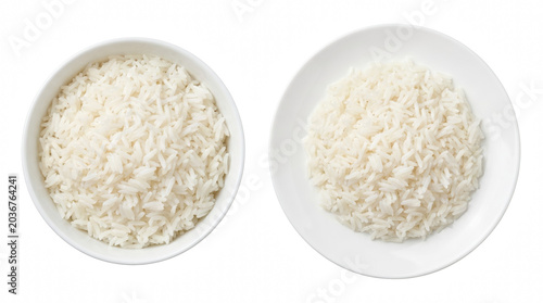 Foto Overhead Shot of Steamed Long Grain White Rice in a Bowl and on a Plate