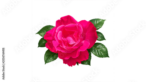 Vibrant pink rose blooming with fresh green leaves, isolated with a transparent background