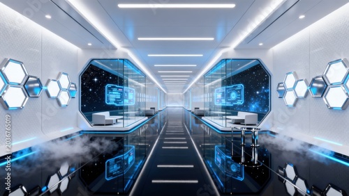 Futuristic corridor with hexagonal lights