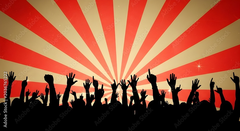Obraz premium A dynamic silhouette illustration of a crowd with hands raised in excitement, set against a vibrant red and beige vintage sunburst backdrop. Perfect for concert, festival, and event concepts.