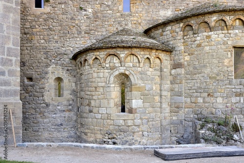 Lagrasse abbey in France with building material for renovations 