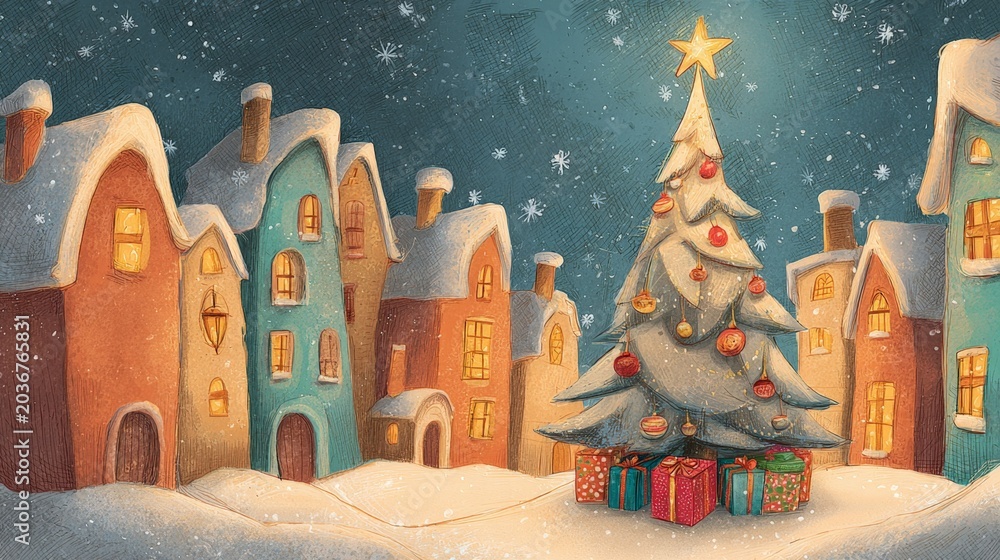 Fototapeta premium Snowy village glows warmly under starry night. Christmas tree stands tall, adorned with lights and ornaments. Festive gifts sit beneath, wrapped in colorful paper. Cozy houses line the street