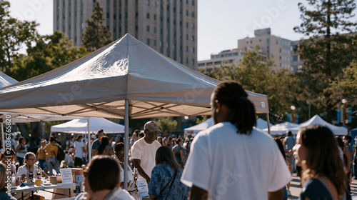 Wide establishing view of a summer public health fair in an urban park on World Population Day, folding tents covering tables staffed by multilingual health workers reaching a multicultural crowd un