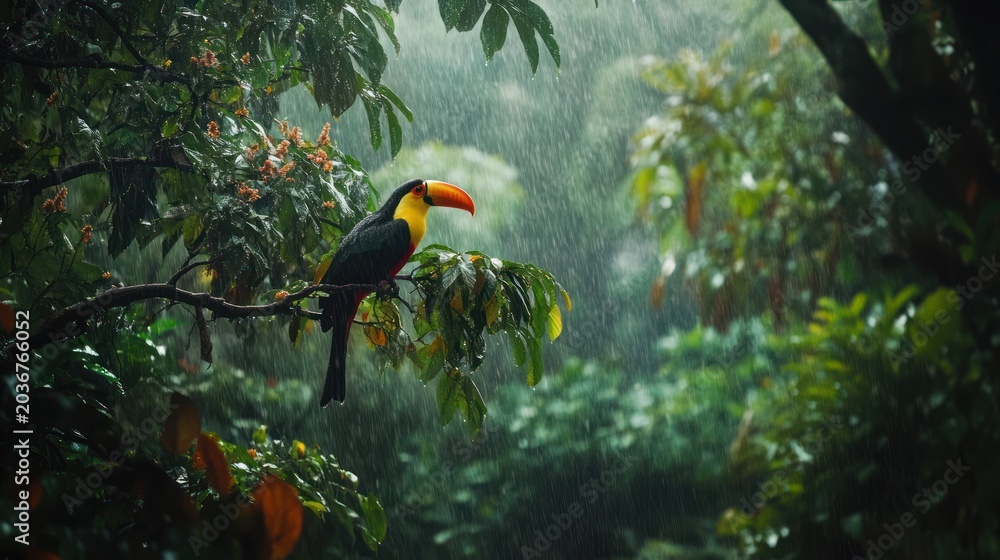 Obraz premium Toucan in rainforest during rain shower; wildlife photography (1)