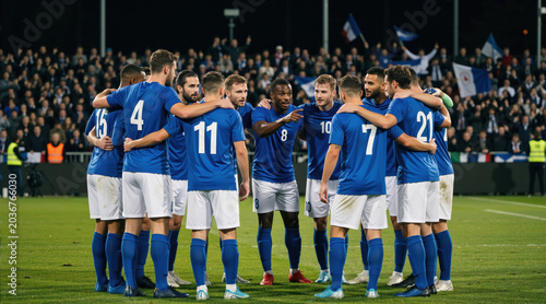 Professional male soccer team gathering in a huddle on the field. Football players in blue and white uniforms discussing game strategy under stadium lights. Teamwork and athletic competition concept