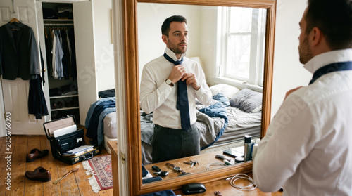 Professional man tying a necktie in a bedroom mirror. Businessman getting ready for work in the morning. Daily routine and professional attire concept