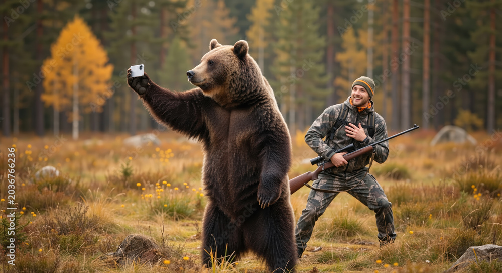 Fototapeta premium Brown bear taking a selfie with a smartphone in the forest. Surprised hunter watching a wild animal. Funny nature concept