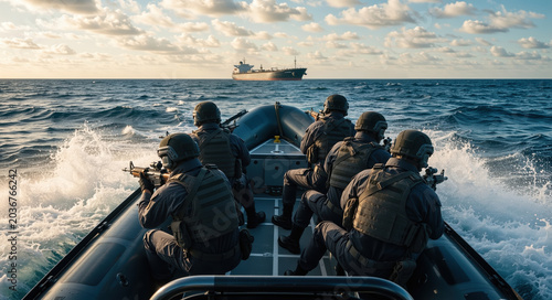 Rear view of a tactical team on a speed boat approaching a distant vessel. Military special forces unit on a maritime mission about oil