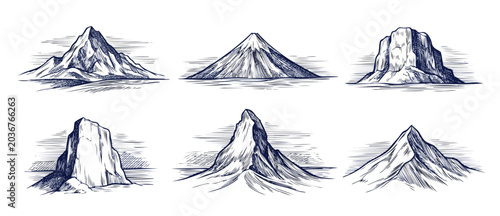 Mountain sketch vintage line art collection featuring rustic peaks, rocky cliffs, and majestic volcanic islands developed for outdoor adventure design element in a highly detailed retro woodcut style.