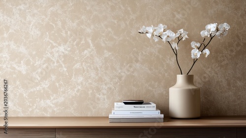 Neutral wall decor with vase and books, suitable for home interior design
