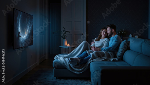 Romantic couple cuddling on a sofa while watching TV at night. Man and woman wrapped in a blanket in a dark living room. Intimacy and home relaxation concept