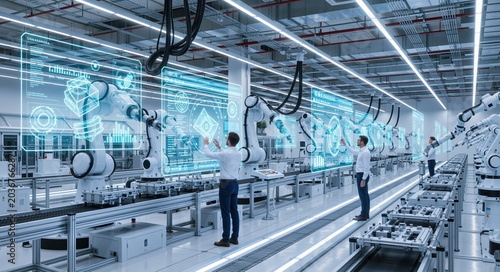 Smart factory with robotic arms and human engineers. Industry 4.0 automation with holographic data interface