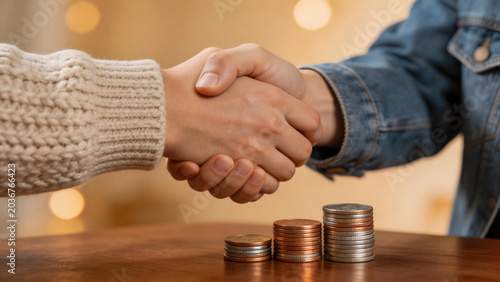 Handshake with coins on table