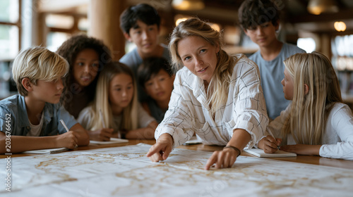 Multicultural group of ten middle schoolers gathers around a World Population Day map display at a public library, a female teacher pointing to global regions as children take notes with genuine cur