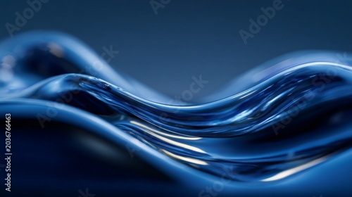 Deep blue liquid flows with smooth, undulating curves. Surface reflects light, creating a glossy, serene appearance. Minimalist background emphasizes the fluid's elegant motion