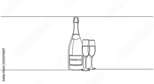 Photos A continuous line drawing of a bottle of Prosecco and two champagne flutes