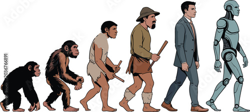 Tableau sur toile The March of Progress: A visual representation of human evolution, from early ape-like ancestors to a modern man in a suit, culminating in a futuristic android