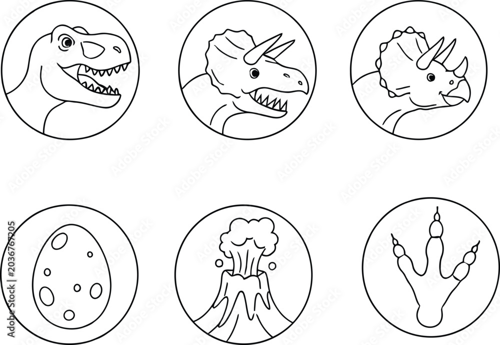 Fototapeta premium Set of cute dinosaur icons and prehistoric elements in a simple black and white line style