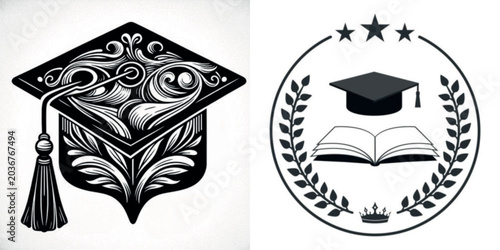 Ornate graduation cap and book emblem with decorative elements  