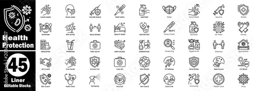 Health protection icons collection. Featuring medical safety equipment, hygiene standards, and wellness line artwork.