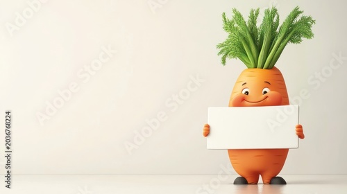Cartoon carrot holding blank sign, against white background. Possible use for children's products, healthy food, or advertising