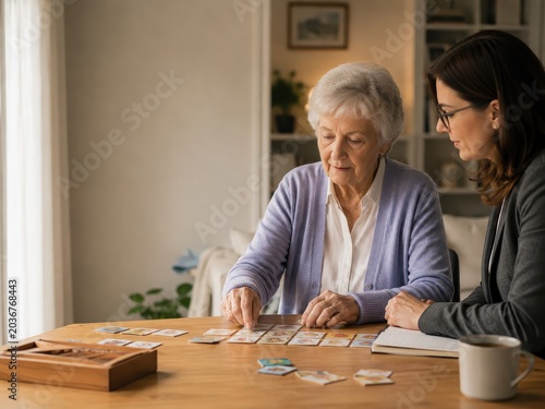 Young woman caregiver playing memory card game with senior woman. Professional home care assistance for elderly brain training and cognitive therapy. Mental health support for grandmother