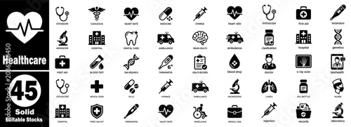 Cuadro en lienzo Medical and healthcare solid icons set with hospital equipment, doctor symbols, clinical tools, and emergency services sign