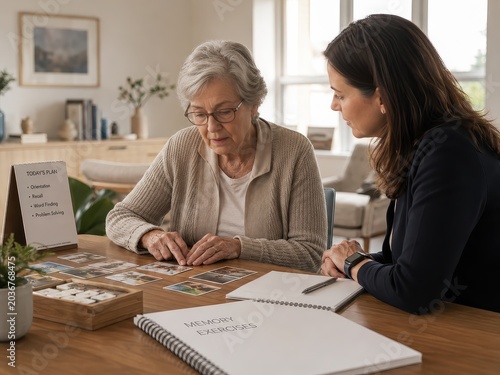 Senior woman doing memory exercise with caregiver. Professional therapist helping elderly patient with cognitive training and brain health activity. Mental wellness and geriatric care concept