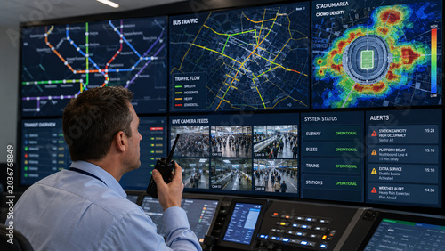 Transit coordinator managing city traffic during stadium event
