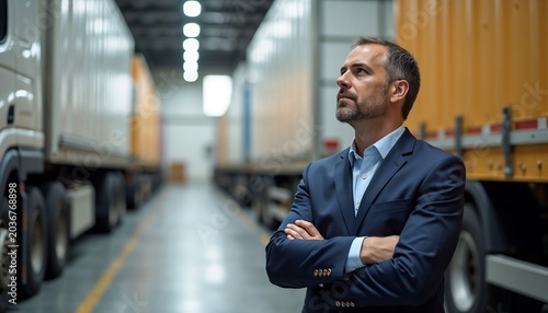Businessman standing in a warehouse with trucks. Logistics manager looking at cargo vehicles in a distribution center. Professional freight shipping and warehouse supply chain management.