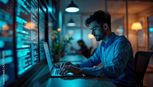 Programmer working on laptop at night in office. Man writing software code on multiple computer screens. Development and information technology concept for digital business solution.