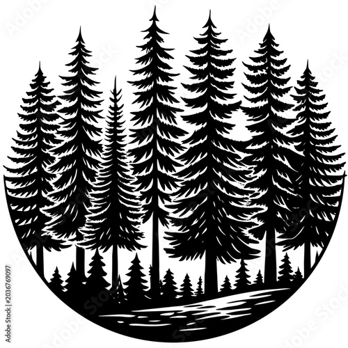 Pine tree forest silhouette vector illustration with a circular composition and white background