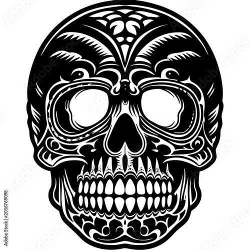 Detailed skull engraving vector illustration with ornate floral embellishments on a white background