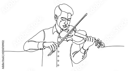 Tableau sur toile Single line drawing of a male violinist playing musical instrument in minimalist