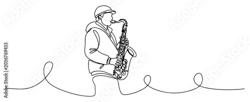 Photography Continuous line drawing of a musician playing saxophone with minimalist rhythm s